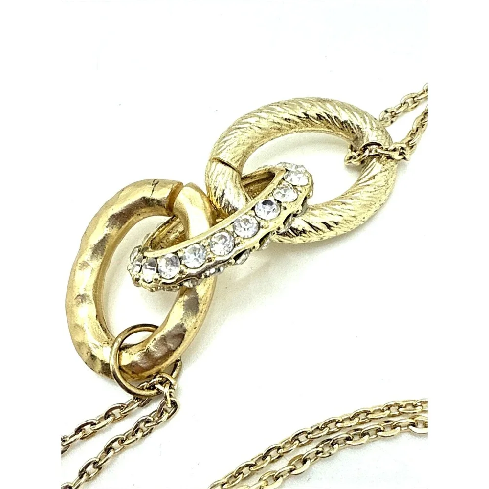 New Alfani Rhinestone Gold Tone Station Necklace Oval Textured Links 42” NWT